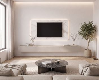 TV Paneel Keramik Weiß B 180 cm mit Fernseher im Wohnzimmer