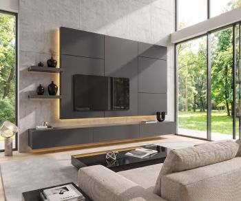 Meuble TV mural Livitalia C102: Composition murale suspendue gris anthracite avec éclairage LED pour salon moderne.