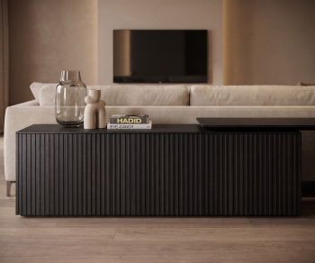 Buffet Punt Velasca meuble TV en chêne noir à tasseaux verticaux pour un salon contemporain et élégant.