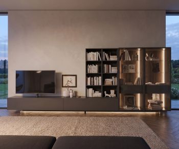 Socle TV transparent Livitalia pour un effet suspendu sous un meuble bas de salon moderne avec éclairage LED.