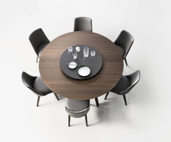 Table de salle à manger Convivio de Livitalia en vue de dessus avec plateau tournant laqué marron et service à café