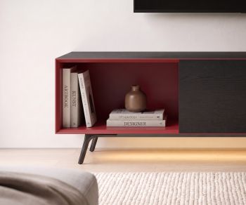 Meuble TV lowboard Livitalia Minimal avec niche ouverte rouge et chêne foncé pour le salon.