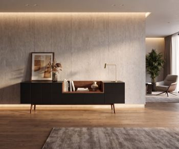 Buffet design al2 MOS-I-KO 003 A de salon en laque mate et bois, offrant un rangement élégant au style rétro moderne.
