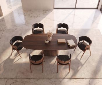 Table à manger ovale al2 tessera 001 en bois pour la salle à manger, avec chaises élégantes sur tapis.
