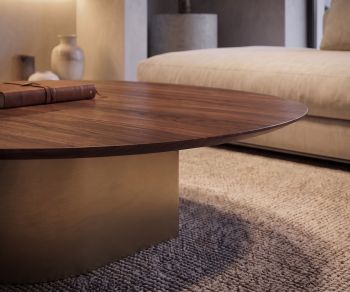 Table basse al2 dakry 006 de salon avec plateau en placage bois foncé et piètement doré pour un style élégant.