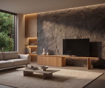 Meuble TV sideboard Punt Velasca en bois dans un salon moderne au style minimaliste avec mur en pierre.